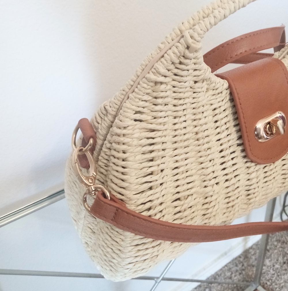 Woven Straw Beige Top Handle Satchel Crossbody Handbag Purse for Summer - Picture 6 of 9